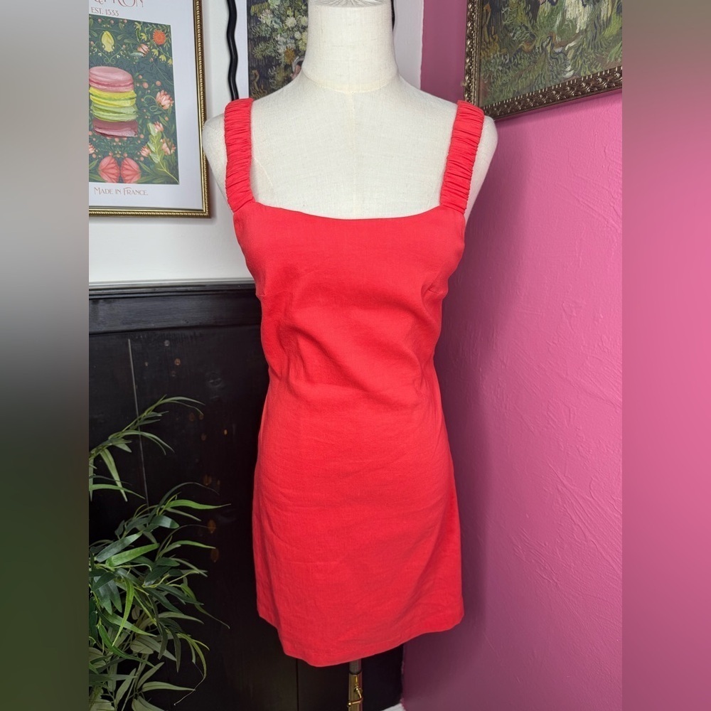 NWT Zara Linen Blend Square Neck Open Back Mini Dress Red Orange Sz S